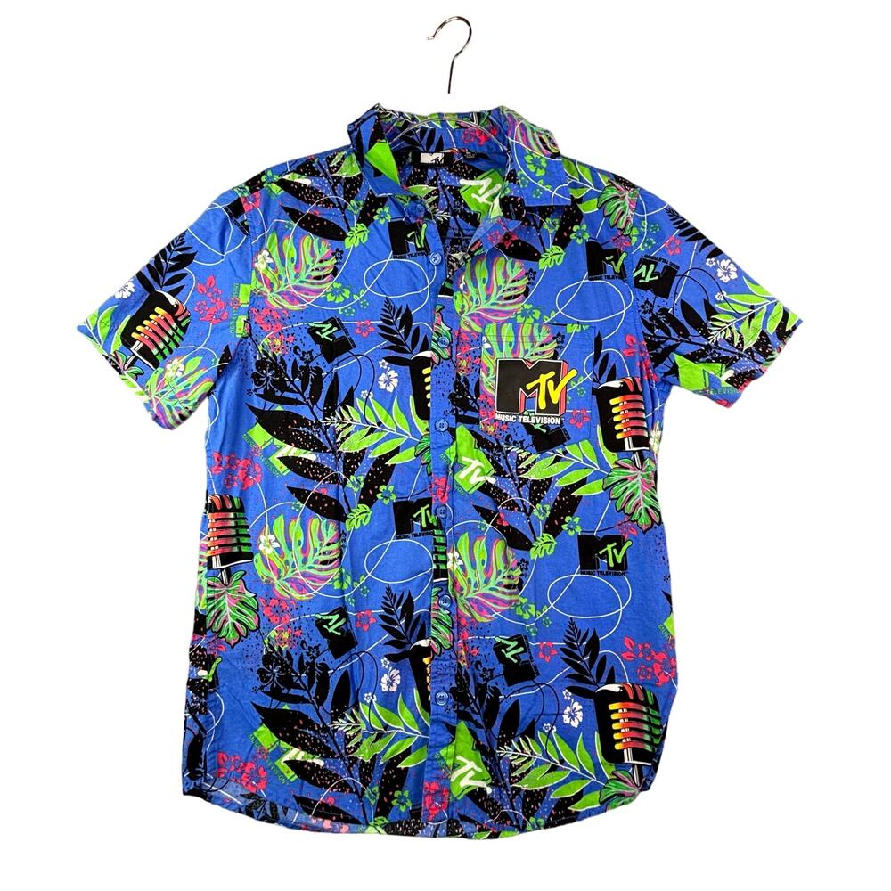 MTV Logo Button Up Shirt Size M Logo Tropical Print
